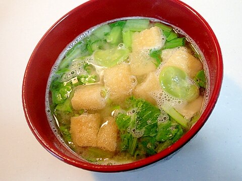 鯛のアラ出汁で　小松菜とあげとそら豆のお味噌汁♪